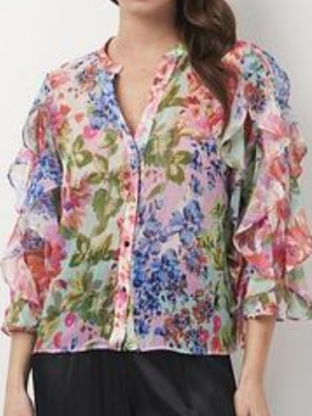 Zara Colorful Floral Ruffle Sleeve Blouse Multicolor Semi Sheer XS